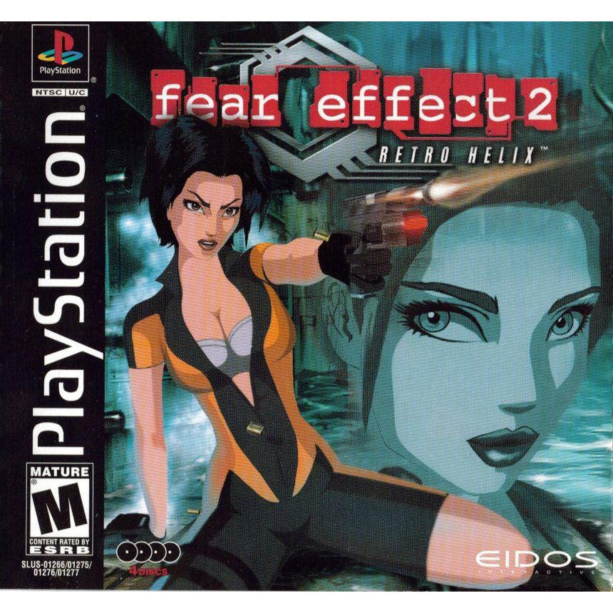 Game cover of 'Fear Effect 2 Retro Helix' for PlayStation with a character holding a gun and another face in the background.