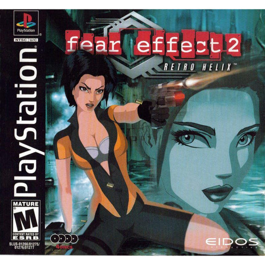 Game cover of 'Fear Effect 2 Retro Helix' for PlayStation with a character holding a gun and another face in the background.