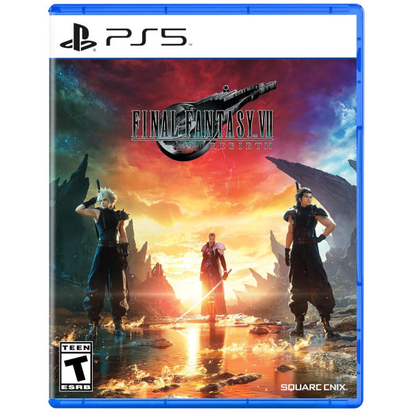 PlayStation 5 game case for 'Final Fantasy VII Remake' with characters and sunset scene.