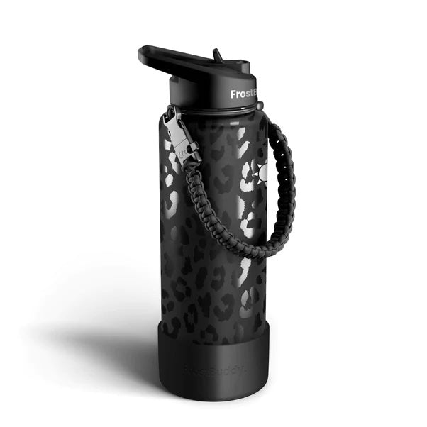 Black water bottle with leopard print pattern on a white background