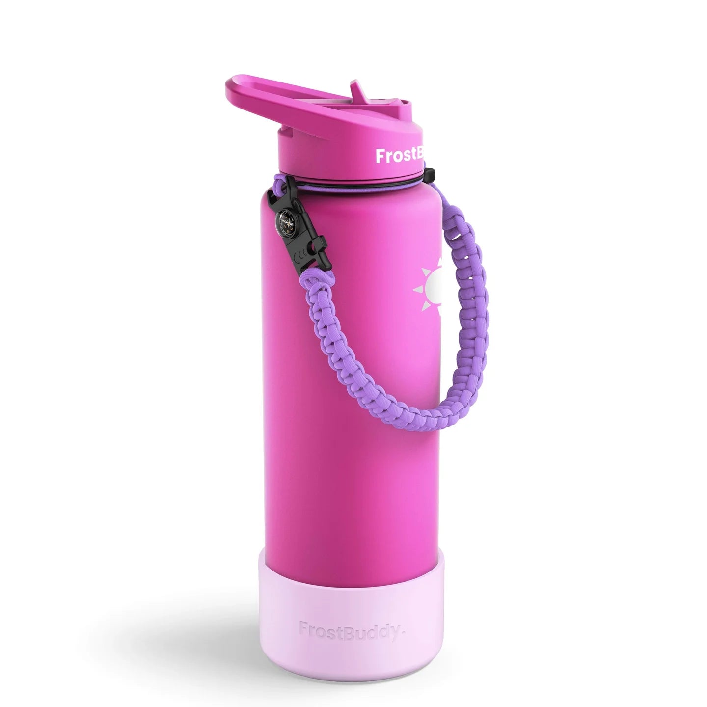 Pink water bottle with purple handle and band on a white background