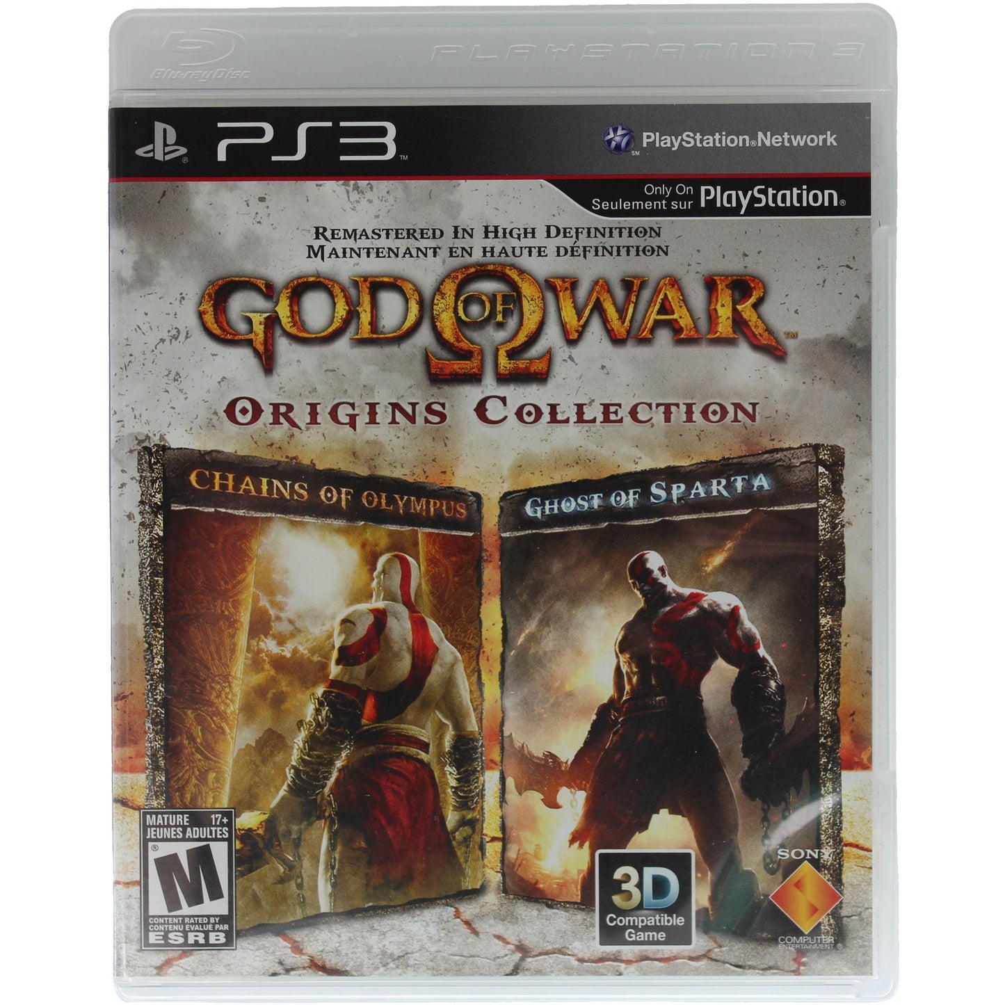 Game case for 'God of War Origins Collection' on PS3 with two character images on a white background.