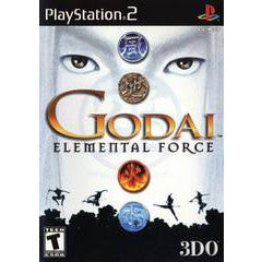 Game cover for 'Godai Elemental Force' on PlayStation 2 with stylized eyes and characters.