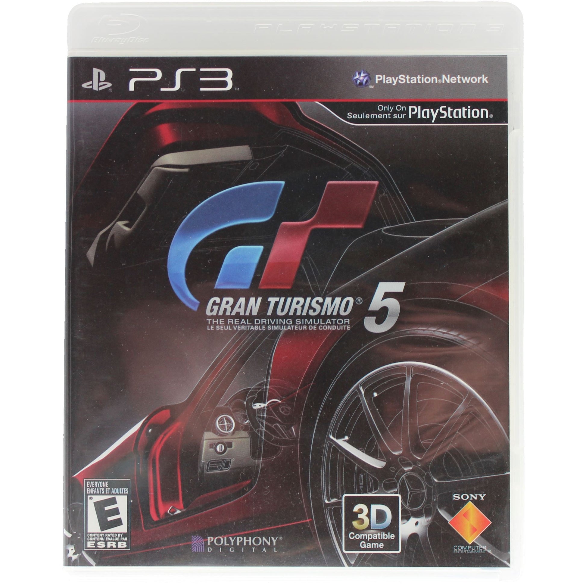 PlayStation 3 game case for Gran Turismo 5 with car graphics and branding.