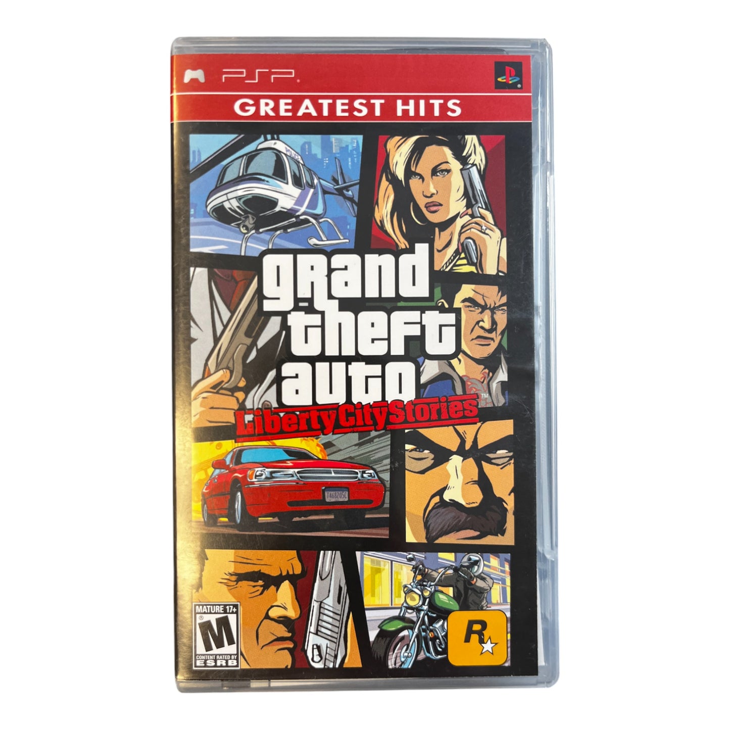 Cover art for Grand Theft Auto: Liberty City Stories featuring a collage of images including a car, a helicopter, and a character from the game.