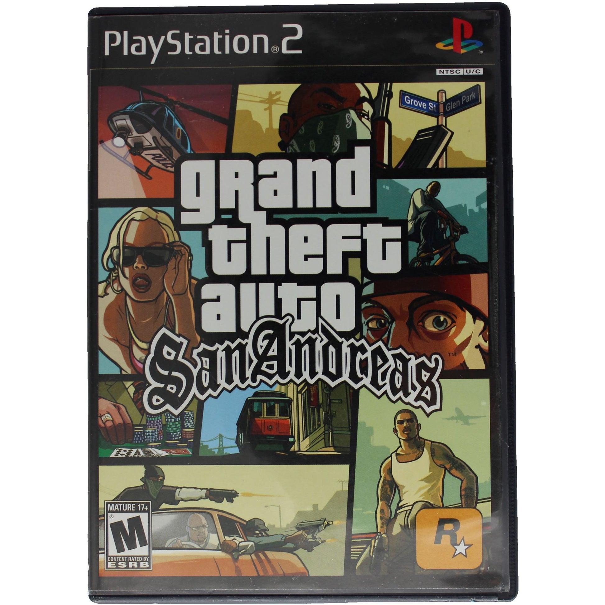 PlayStation 2 game case for 'Grand Theft Auto San Andreas' with colorful graphics and text.