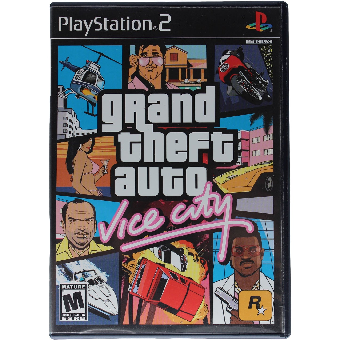 PlayStation 2 game case for 'Grand Theft Auto: Vice City' with colorful graphics and text.