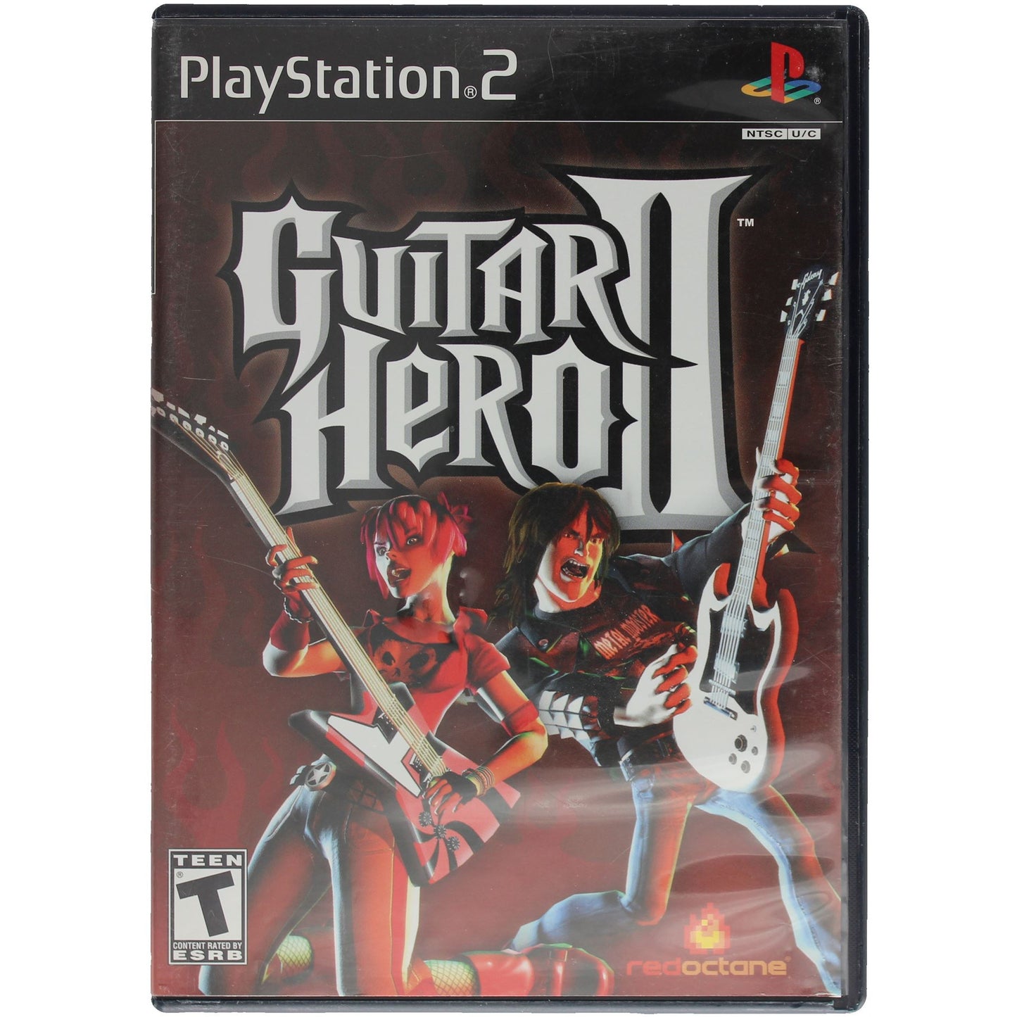 Guitar Hero II game case for PlayStation 2 with two characters holding guitars on a red background.