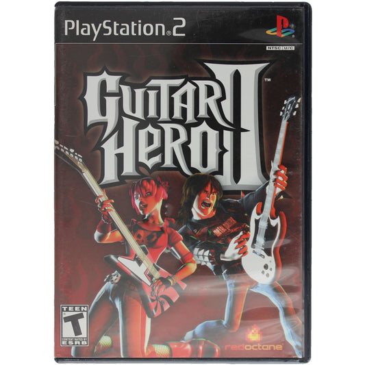 Guitar Hero II game case for PlayStation 2 with two characters holding guitars on a red background.