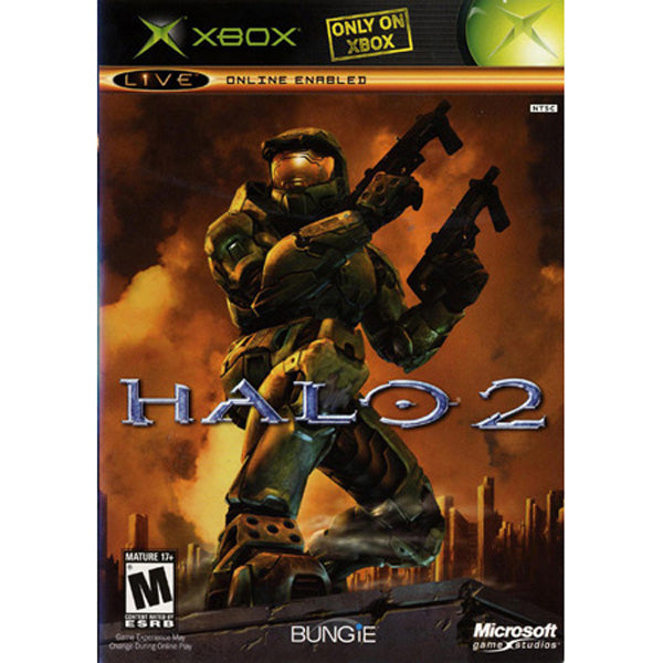 Halo 2 game cover for Xbox with a soldier holding a gun against a fiery background.