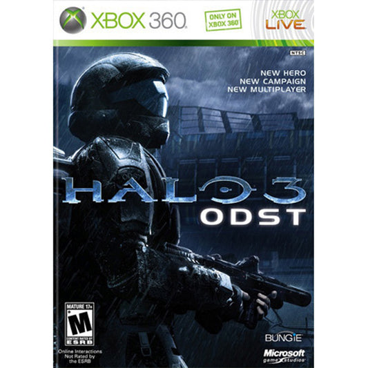 Halo 3 ODST game cover for Xbox 360 with a soldier holding a gun.