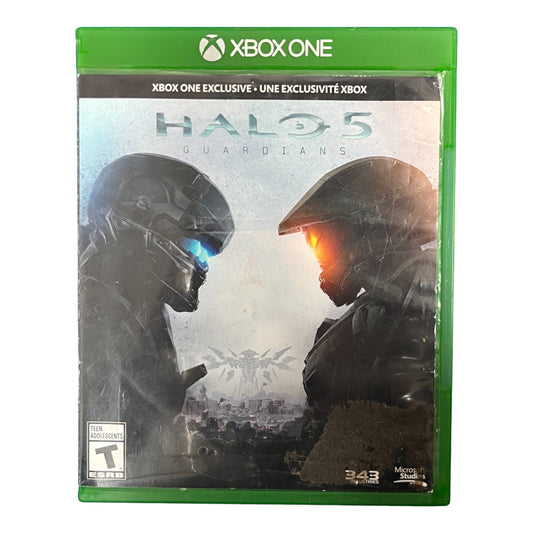 Halo 5 Guardians game case for Xbox One with two characters facing each other on a white background