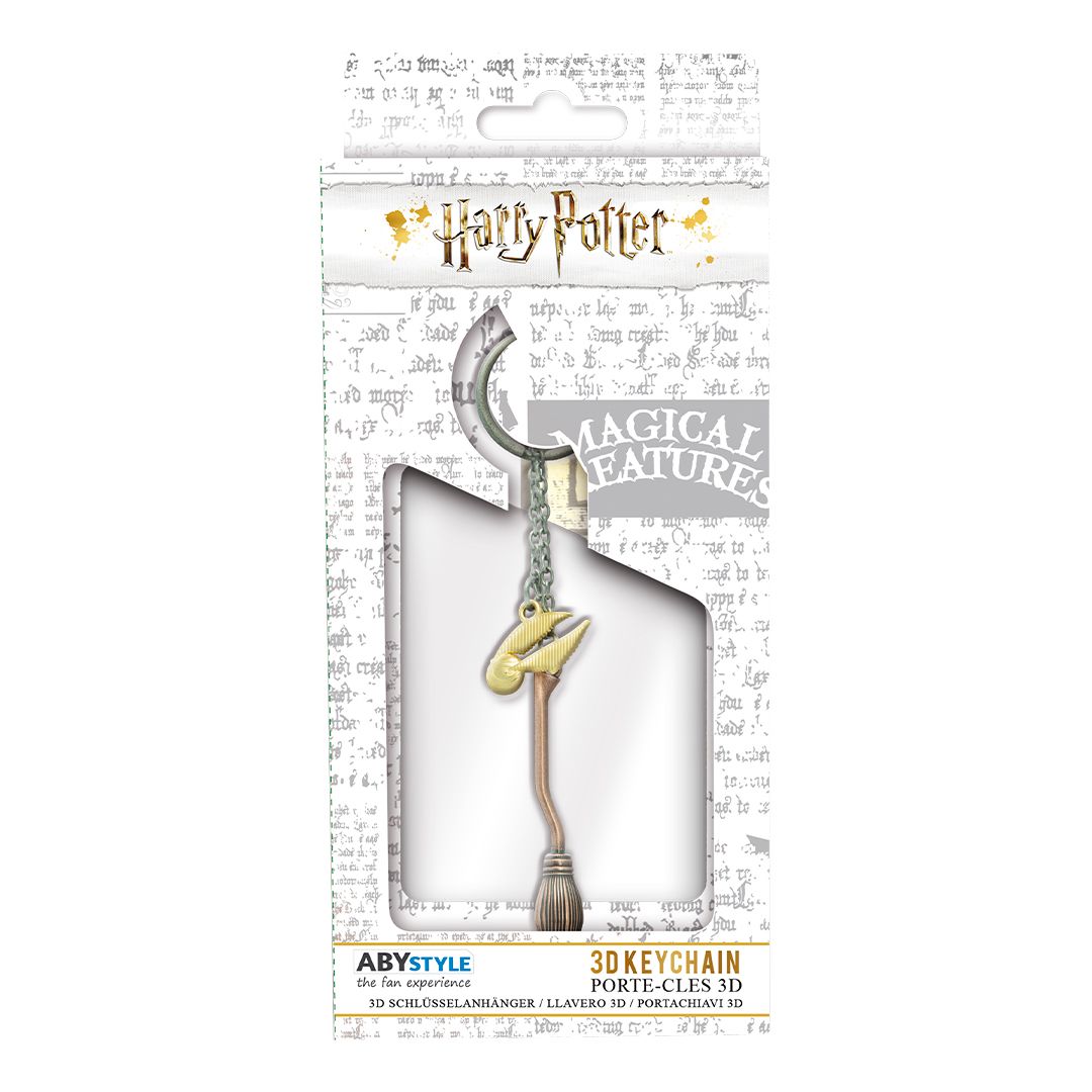 Harry Potter 3D keychain packaging with broom design on a white background