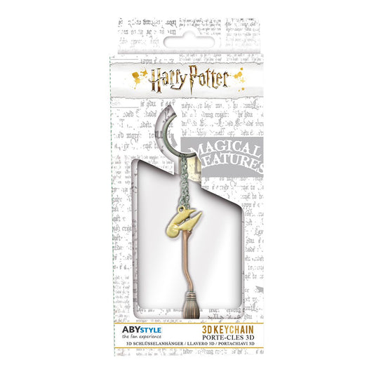 Harry Potter 3D keychain packaging with broom design on a white background