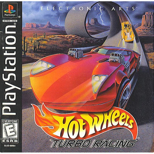 PlayStation game cover of 'Hot Wheels Turbo Racing' with a red car and desert landscape.