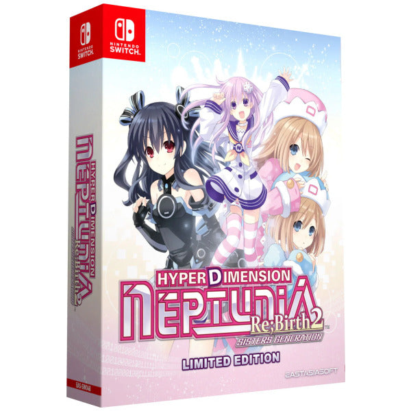 Limited edition Hyper Dimension Neptunia Re:Birth 2 game box for Nintendo Switch with character illustrations.