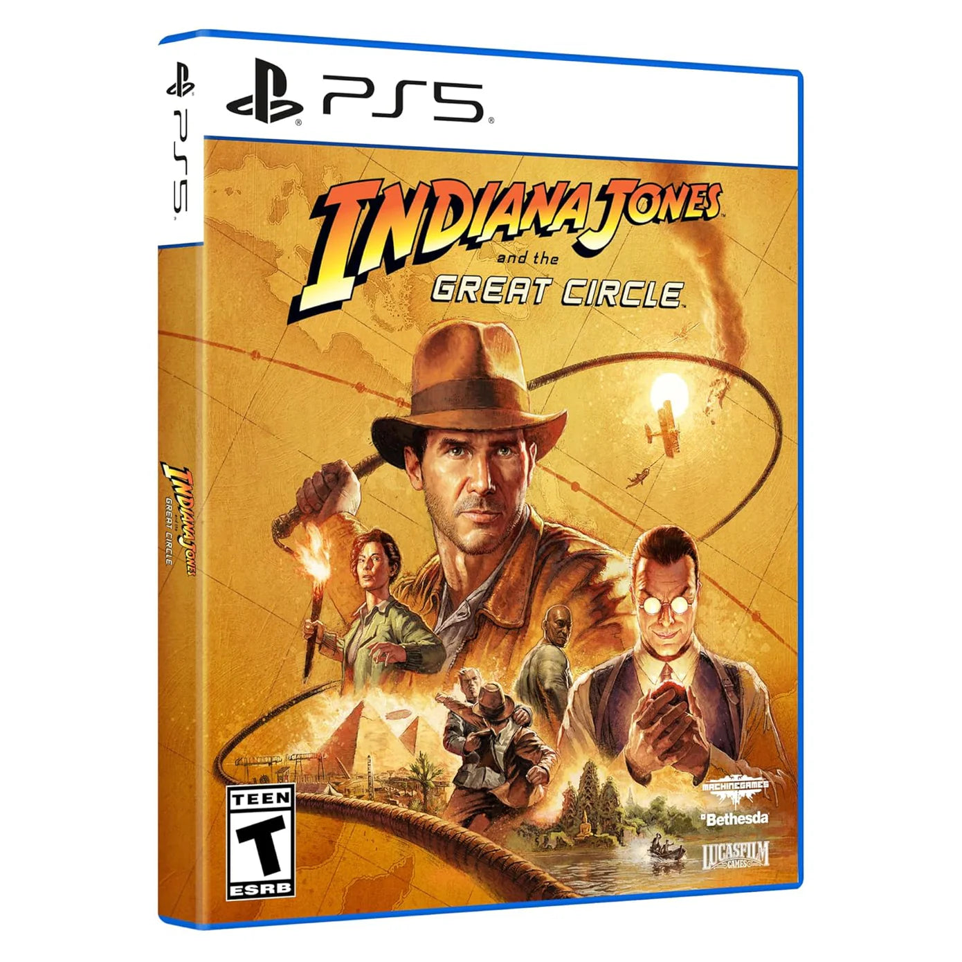 PlayStation 5 game case for 'Indiana Jones and the Great Circle' with characters and map design.