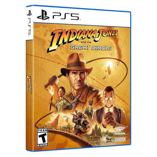 PlayStation 5 game case for 'Indiana Jones and the Great Circle' with characters and map design.