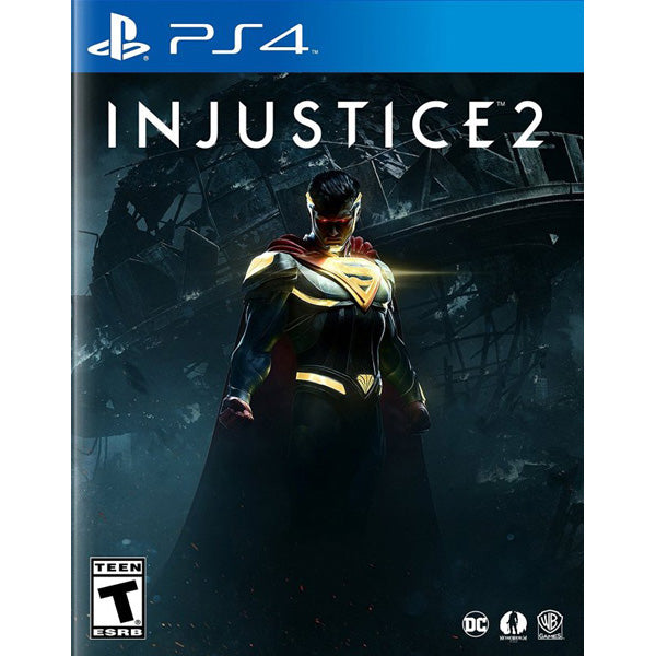 Game cover of 'Injustice 2' for PS4 with a superhero character on a dark background.