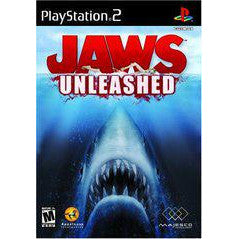 Game box for 'Jaws Unleashed' on PlayStation 2 with a shark and blue background.