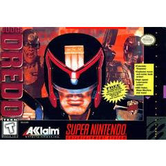 Super Nintendo game cover featuring a character in a helmet with 'Dredd' branding.