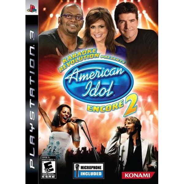 PlayStation 3 game cover for 'American Idol Encore 2' featuring four people and the Konami logo.