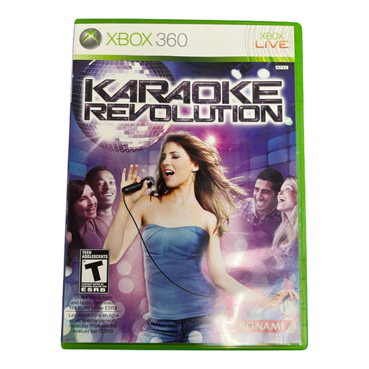 Xbox 360 'Karaoke Revolution' game cover with a woman singing and disco ball