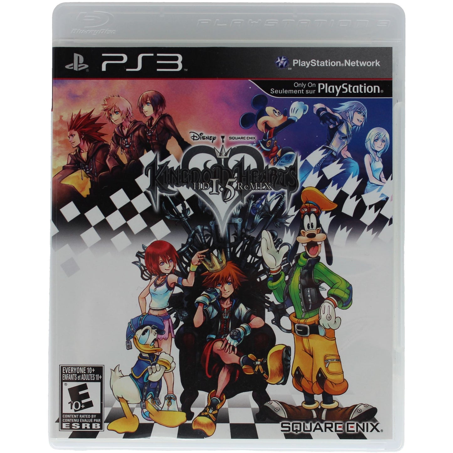 PlayStation 3 game case for 'Kingdom Hearts HD 1.5 + 2.5 ReMix' with character illustrations on a checkered background.