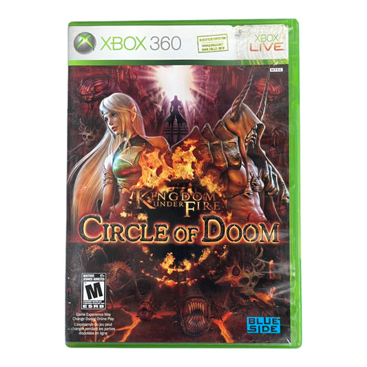 Xbox 360 game case for 'Kingdom Under Fire: Circle of Doom' with fantasy artwork on a white background.