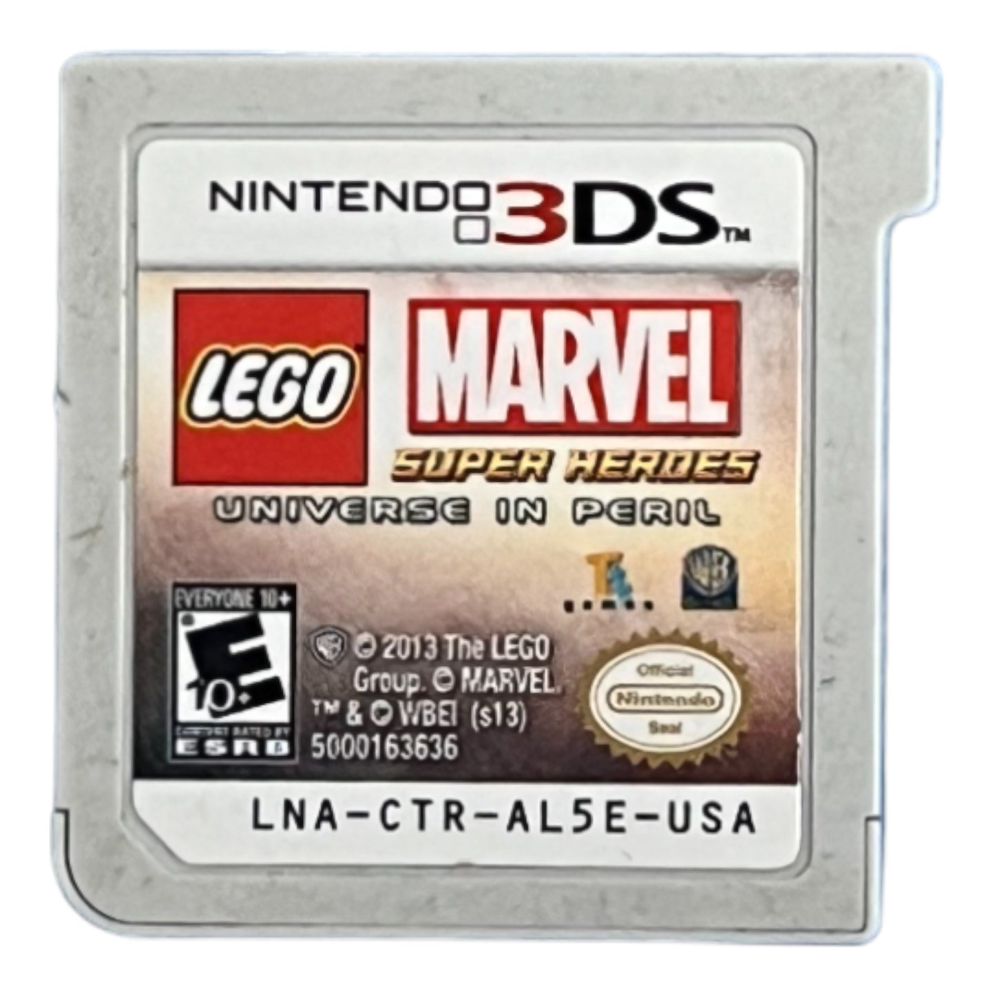 Nintendo 3DS game cartridge for LEGO Marvel Super Heroes on a white background