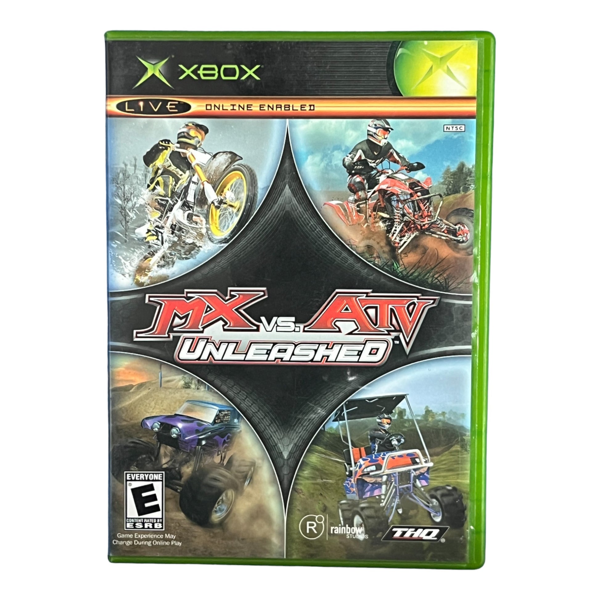 Xbox game console with 'MX vs. ATV Unleashed' packaging featuring dirt bike and ATV graphics.