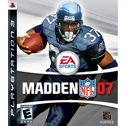 Madden NFL 07 video game cover for PlayStation 3 with a player in a blue uniform holding a football.