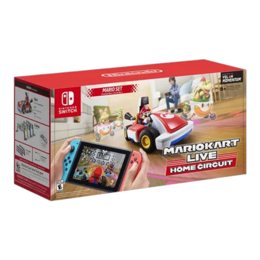 Nintendo Switch Mario Kart Live Home Circuit packaging with a red car and gaming console.
