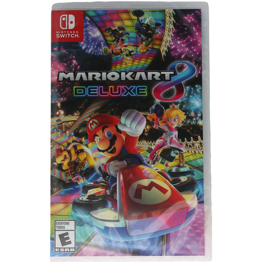 Nintendo Switch game cover for 'Mario Kart Deluxe 8' with colorful graphics and character images.