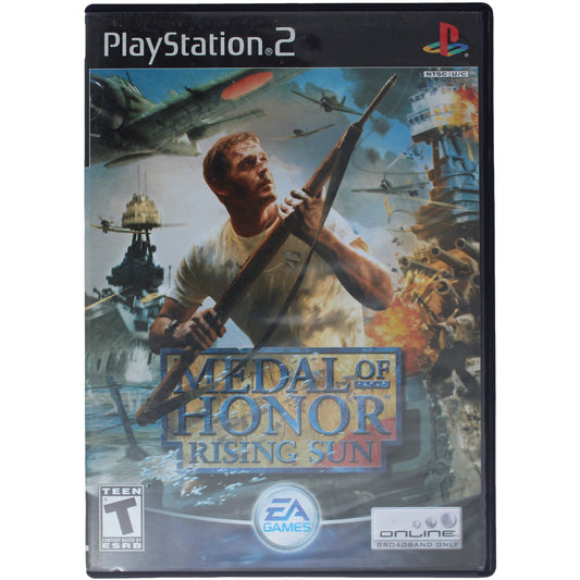 PlayStation 2 game case for 'Medal of Honor: Rising Sun' with a soldier holding a spear and war-themed background.