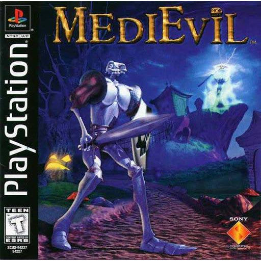 Game cover of 'Medievil' for PlayStation with a skeleton character holding a sword.