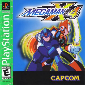 PlayStation game case for 'Mega Man X4' with characters and Capcom logo.