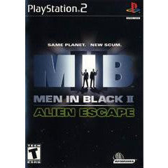 PlayStation 2 game cover for 'Men in Black II: Alien Escape' with two figures standing on a planet.