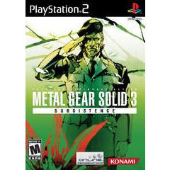 Game case for 'Metal Gear Solid 3: Subsistence' on PlayStation 2 with green and red design.