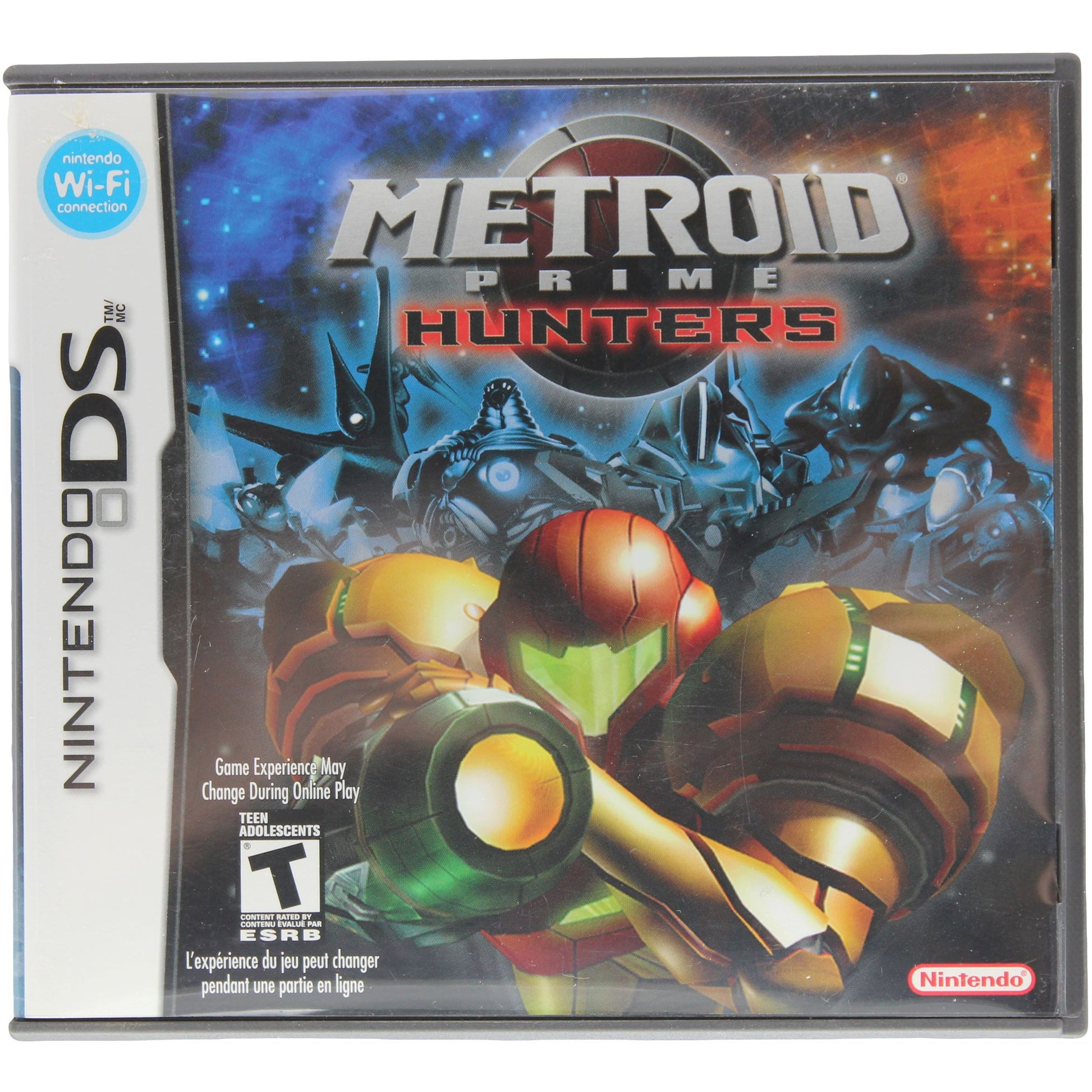 Nintendo DS game case for 'Metroid Prime Hunters' with robot illustration on a dark background
