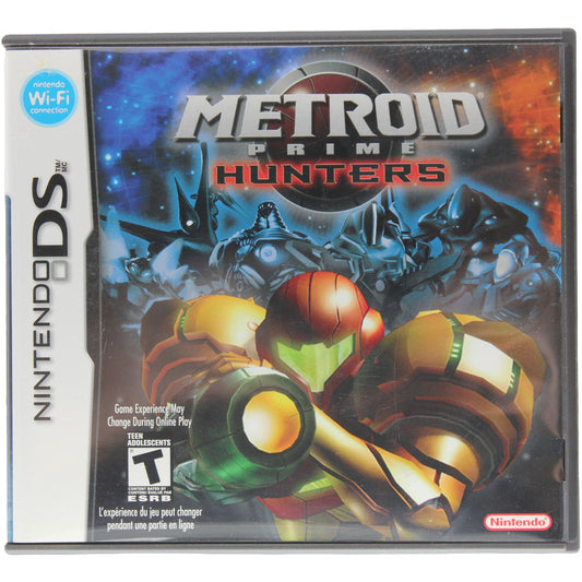 Nintendo DS game case for 'Metroid Prime Hunters' with robot illustration on a dark background