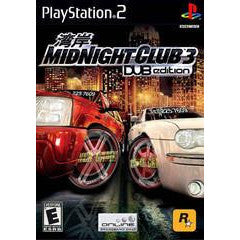 PlayStation 2 game case for 'Midnight Club 3: DUB Edition' with two cars on a city street background.