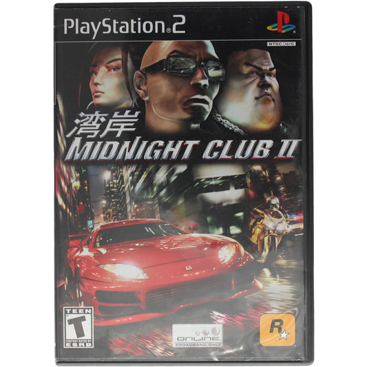 PlayStation 2 game case for 'Midnight Club II' with characters and a red car on the cover.