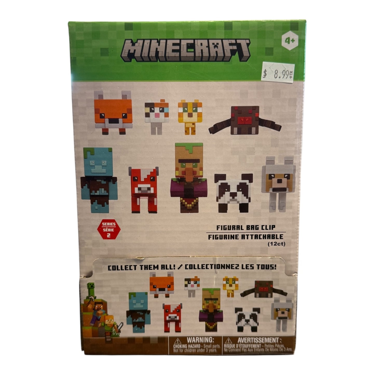 Minecraft figurine set packaging with pixelated character illustrations on a beige background.