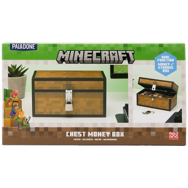 Minecraft chest money box packaging with illustrations and branding.