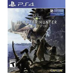 Monster Hunter game cover for PS4 with characters and dinosaur-like creature