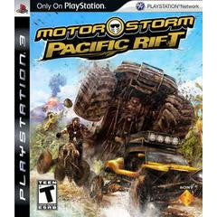 Box art for 'MotorStorm Pacific Rift' on PlayStation 3 with a large off-road vehicle and dramatic landscape.