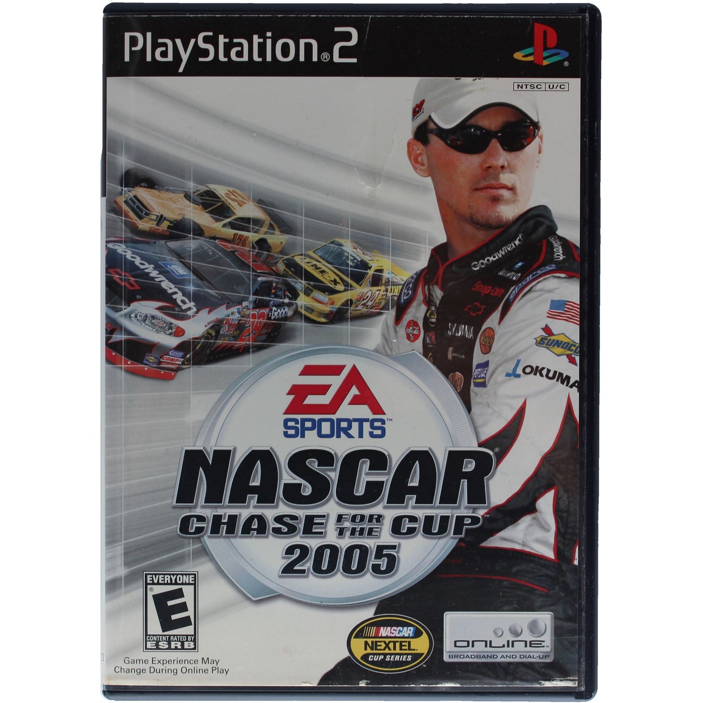 PlayStation 2 game case for 'NASCAR Chase for the Cup 2005' with driver image and race cars.