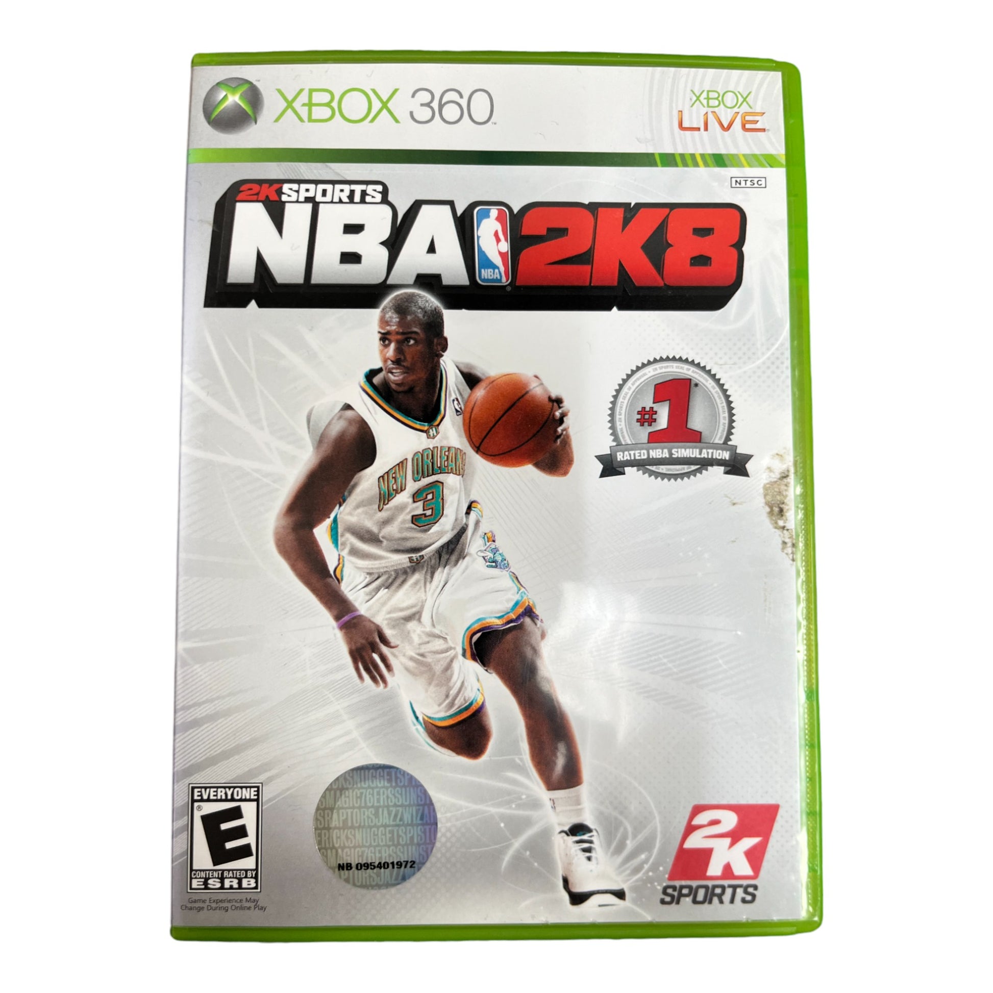 Xbox 360 game case for NBA 2K8 featuring a basketball player.