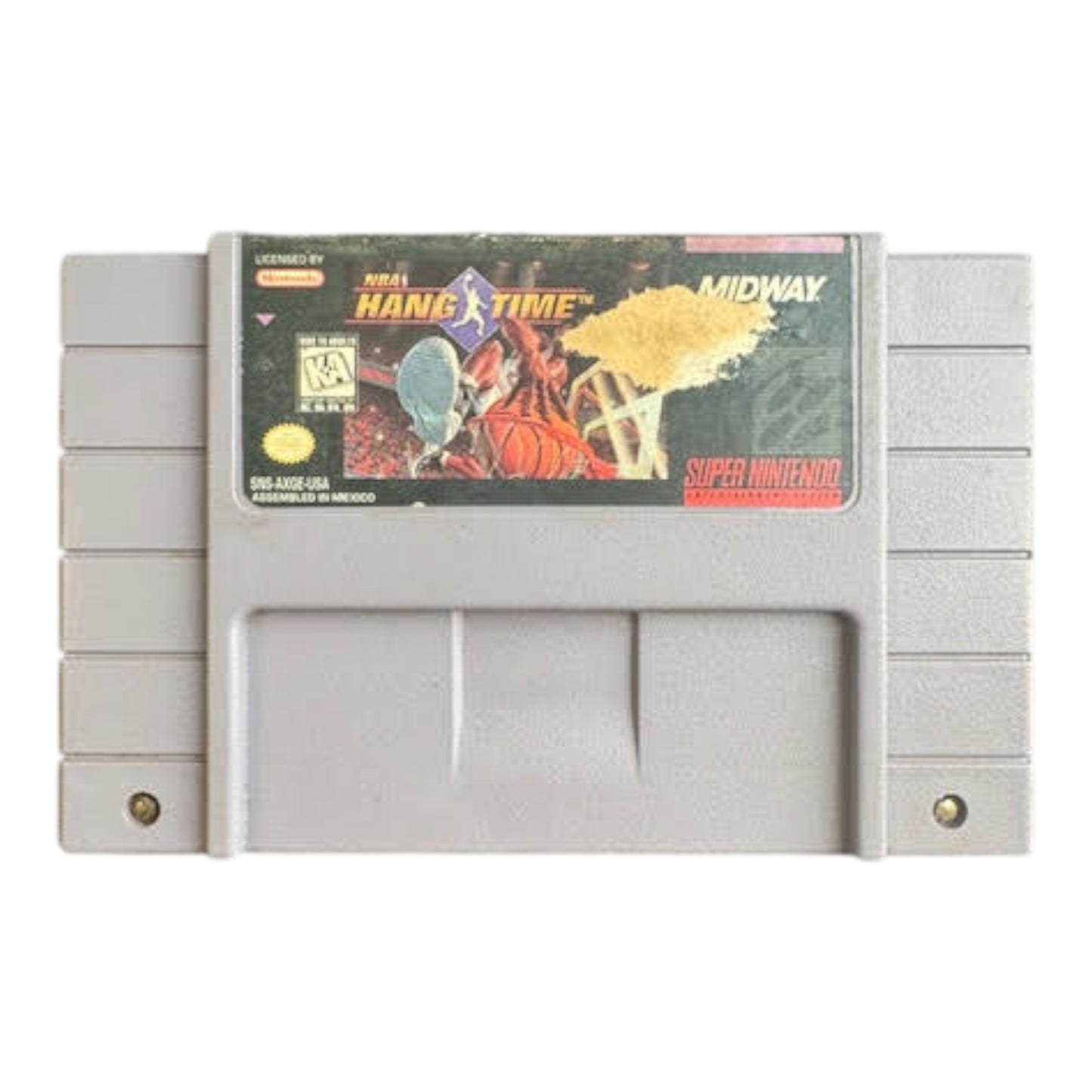 Super Nintendo Entertainment System game cartridge with 'Hang Time' cover art